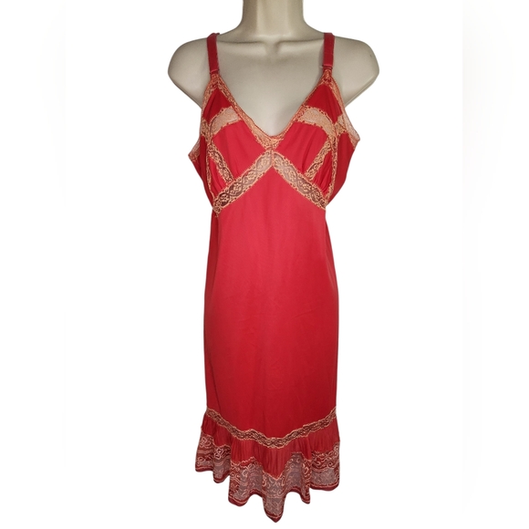Vintage Michelen Red Coral Lace Slip Lingerie Dress 60s 70s Medium Large - Picture 2 of 12